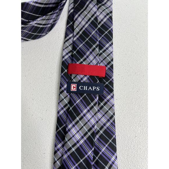 Chaps Black, Purple, Gray Plaid Pattern 100% Silk Handmade Tie NWOT - Picture 5 of 6